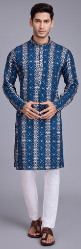 Blue Contrasting indian aspiring Printed rayon Mens kurta for wedding and other occasion comes with pajama